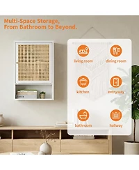 homfan Bathroom Wall Cabinet, Wood Rattan Storage with 3-Tier Shelves and Doors, Medicine Holds 33lbs for Bathroom, Laundry Room