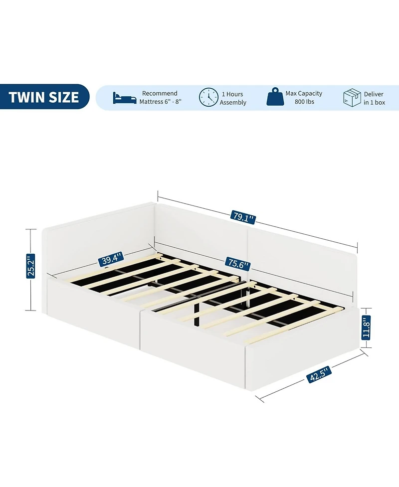gaomon Twin daybed with headboard, Corner Bed Frame with Bed Rails, Velvet Upholstered Sofa Bed with Guardrail for Bedroom