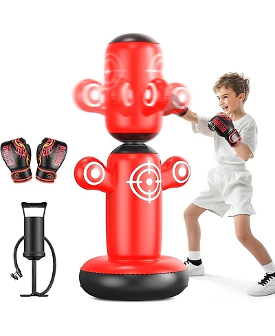 Qpau 360degree(s) Rotatable Punching Bag for Kids, Lager 64" Kids Punching Bag with Gloves, Hand Pump and 6 Targets, Bop Bag Inflatable Punching Toy