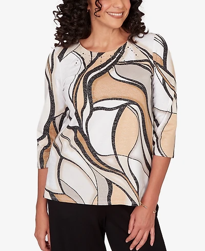 Alfred Dunner Women's Seville Abstract Print Pleated Crewneck Top