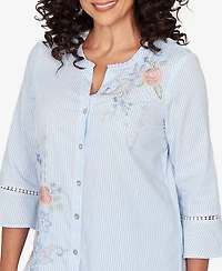 Alfred Dunner Women's St. Augustine Striped Floral Embroidered Button-Down Top