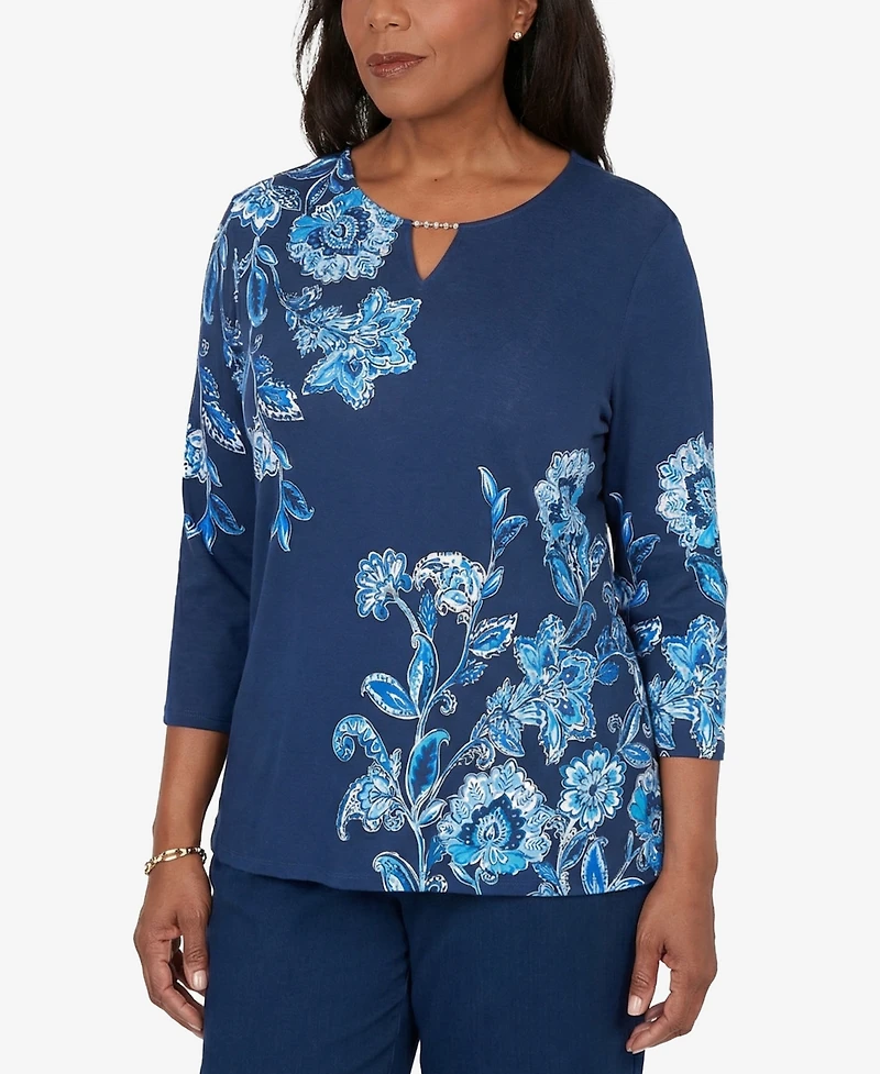 Alfred Dunner Women's Mykonos Asymmetrical Floral Split Beaded Neck Top