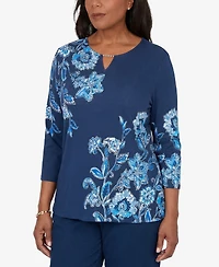 Alfred Dunner Women's Mykonos Asymmetrical Floral Split Beaded Neck Top