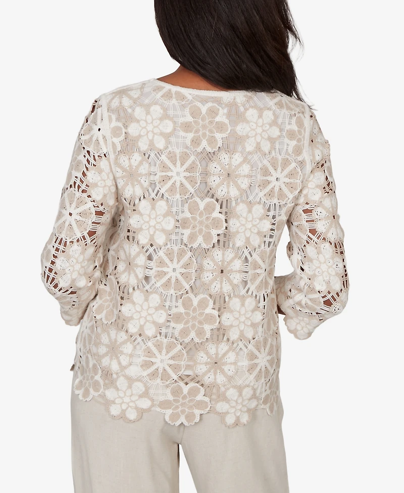 Alfred Dunner Women's Natural Wonder Floral Crochet Three-Quarter-Sleeve Top