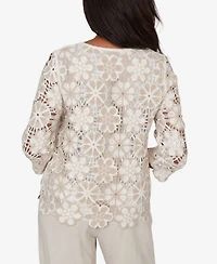 Alfred Dunner Women's Natural Wonder Floral Crochet Three-Quarter-Sleeve Top