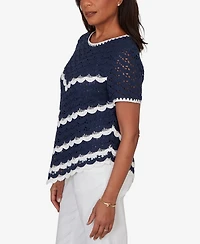 Alfred Dunner Women's Port Side Chevron Crochet Short-Sleeve T-shirt