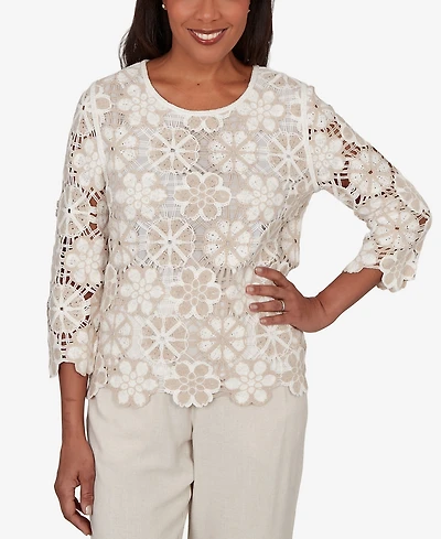 Alfred Dunner Women's Natural Wonder Floral Crochet Three-Quarter-Sleeve Top