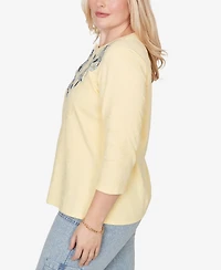 Alfred Dunner Women's Out of the Blue Floral Embroidered Sunshine Top