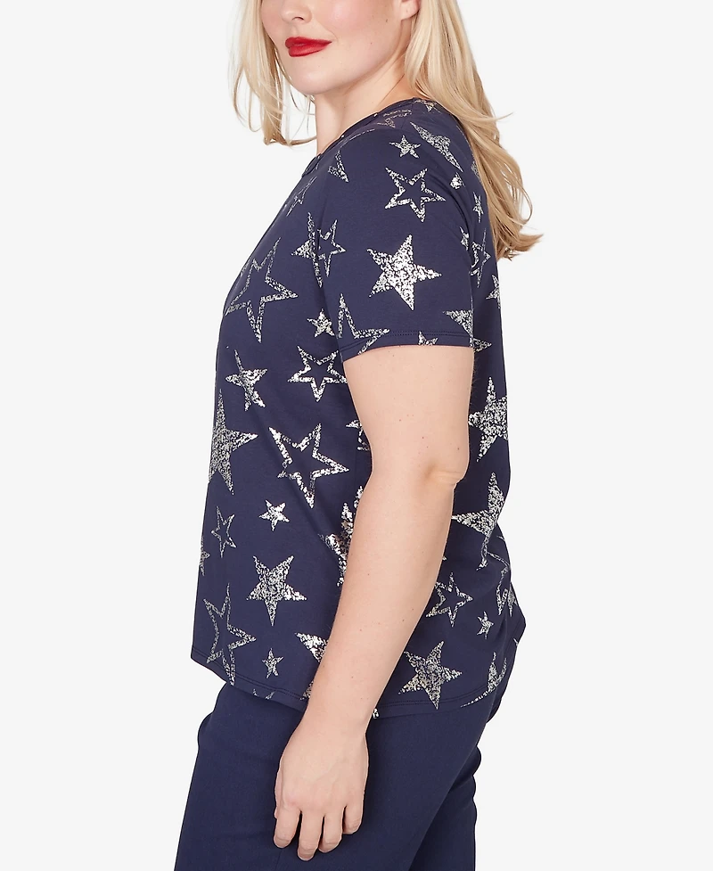 Alfred Dunner Women's Lady Liberty Sparkling Foil Stars Crewneck T-shirt