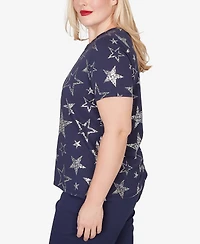 Alfred Dunner Women's Lady Liberty Sparkling Foil Stars Crewneck T-shirt