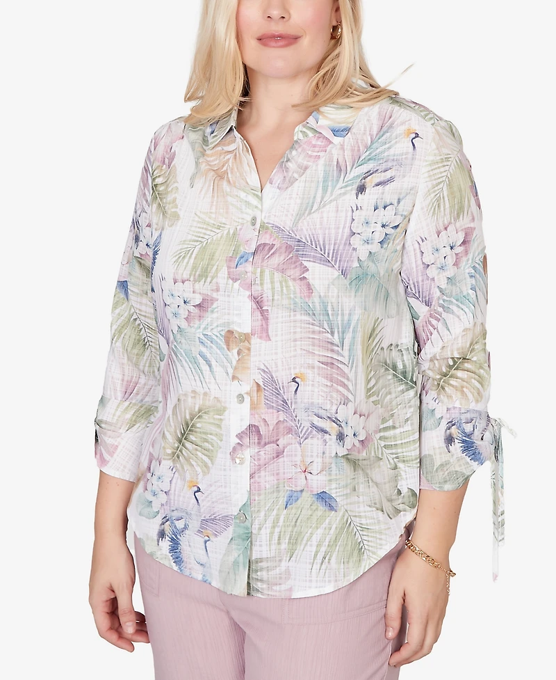 Alfred Dunner Women's Vintage Charm Tropical Button Front Tie Sleeve Top