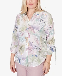 Alfred Dunner Women's Vintage Charm Tropical Button Front Tie Sleeve Top