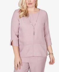 Alfred Dunner Women's Vintage Charm Textured Spliced Rose Crewneck Top