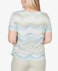 Alfred Dunner Women's Vintage Charm Wavy Biadere Side-Tie Ruched Crewneck T-shirt