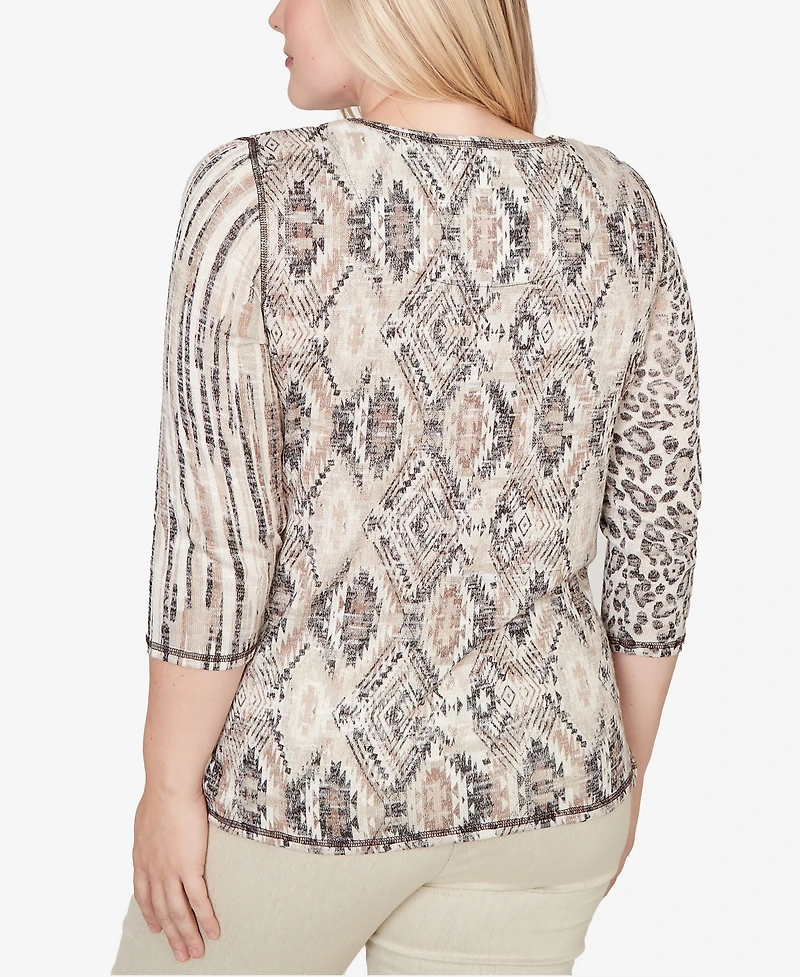 Alfred Dunner Women's Detail Driven Spliced Aztec Animal Skin Crewneck Top