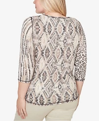 Alfred Dunner Women's Detail Driven Spliced Aztec Animal Skin Crewneck Top
