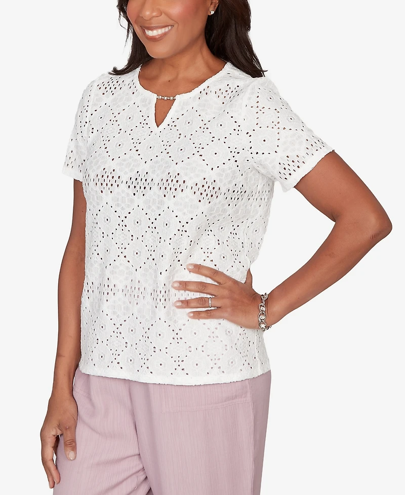 Alfred Dunner Women's Vintage Charm Solid Eyelet Split Beaded Neck Top