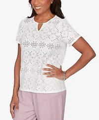 Alfred Dunner Women's Vintage Charm Solid Eyelet Split Beaded Neck Top