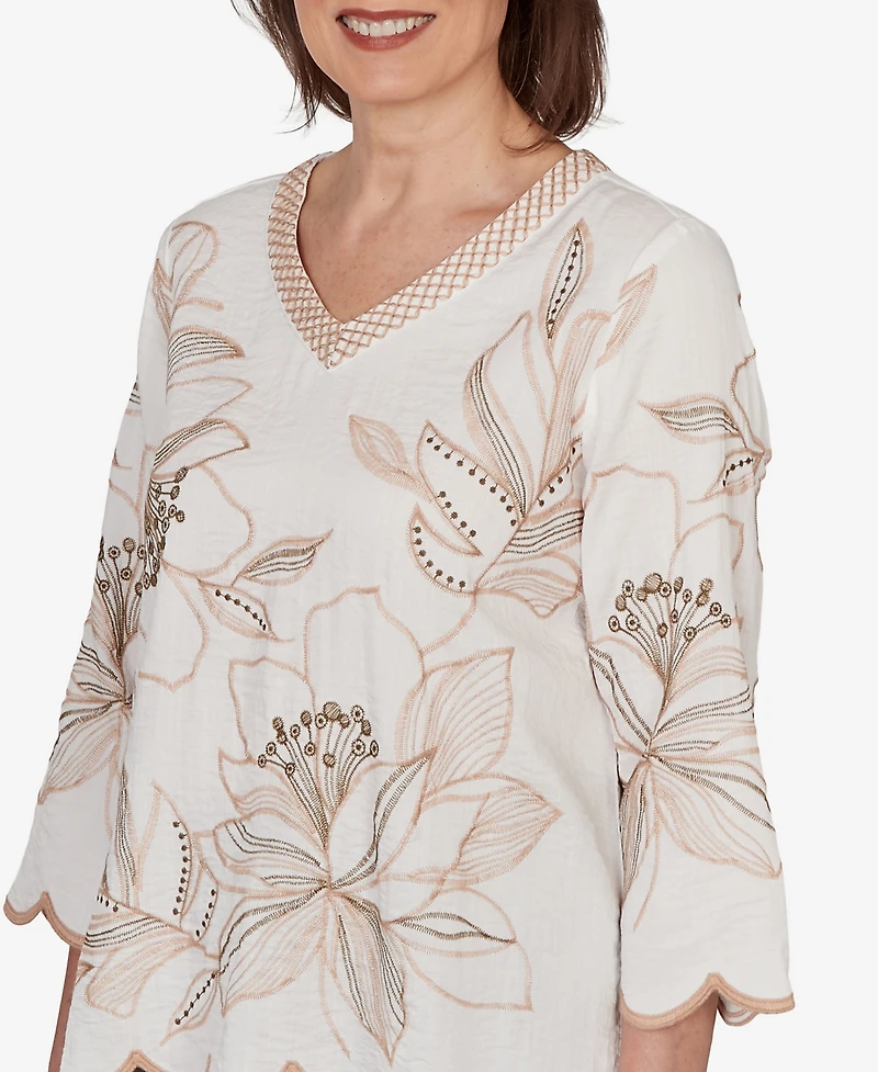 Alfred Dunner Women's Spice Market Embroidered Floral V-Neck Textured Top