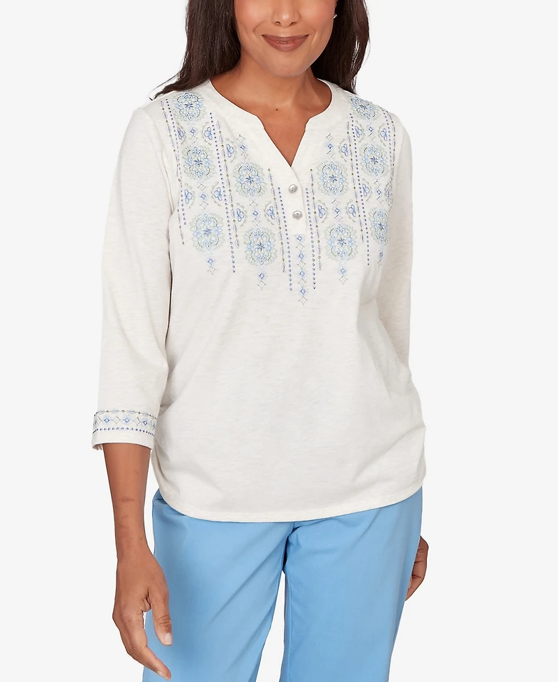 Alfred Dunner Women's St. Augustine Medallion Embroidered Ruched Henley Top