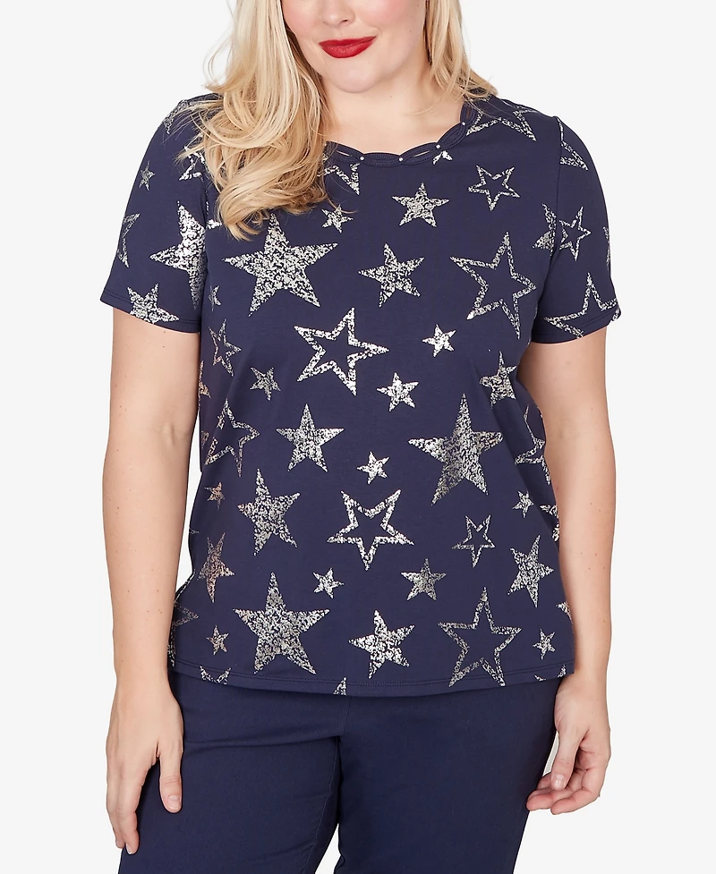Alfred Dunner Women's Lady Liberty Sparkling Foil Stars Crewneck T-shirt