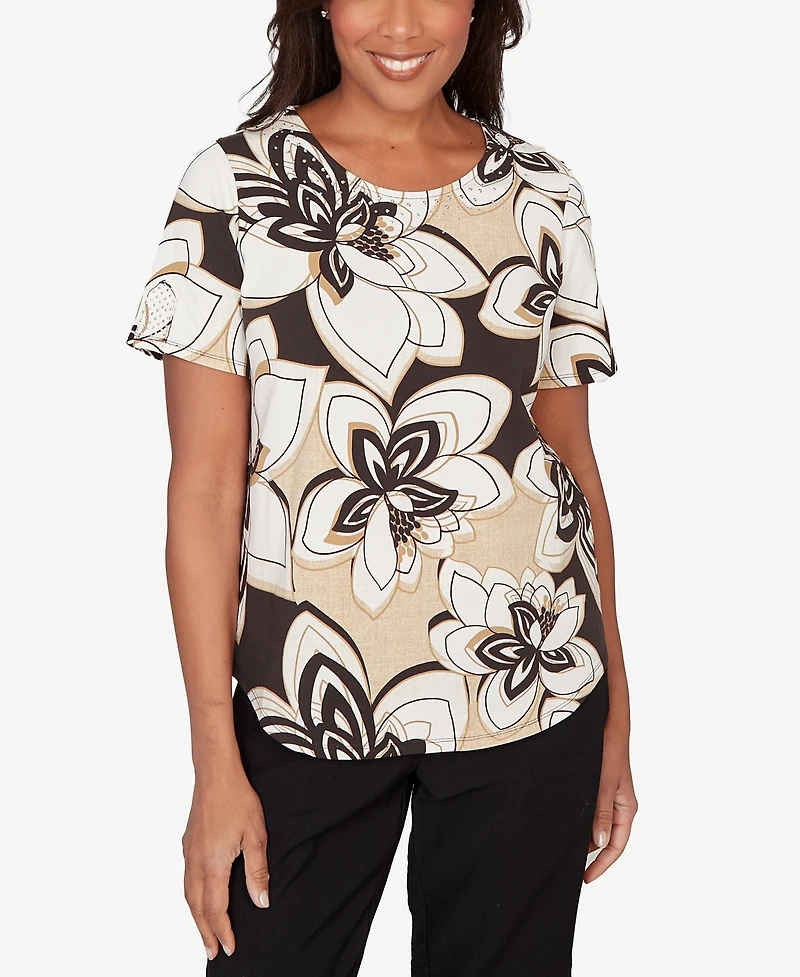 Alfred Dunner Women's Detail Driven Floral Stained Glass Short-Sleeve Top