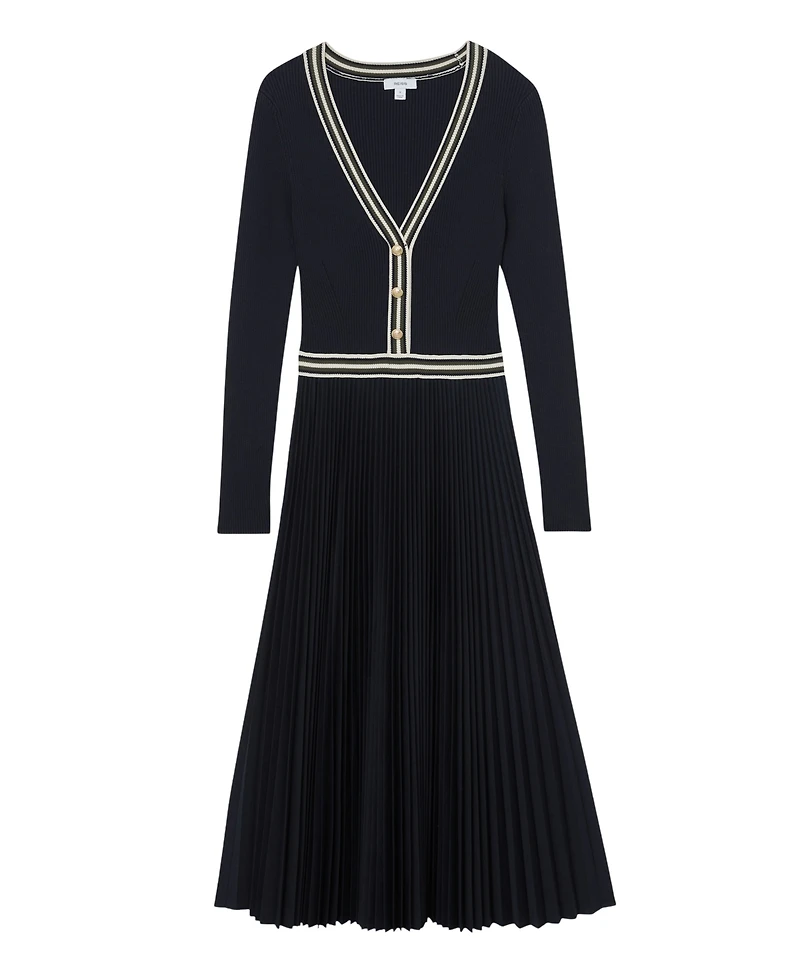 Reiss Women's Rib-Knit Stripe-Trim Pleated Midi Dress