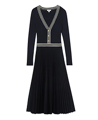 Reiss Women's Rib-Knit Stripe-Trim Pleated Midi Dress
