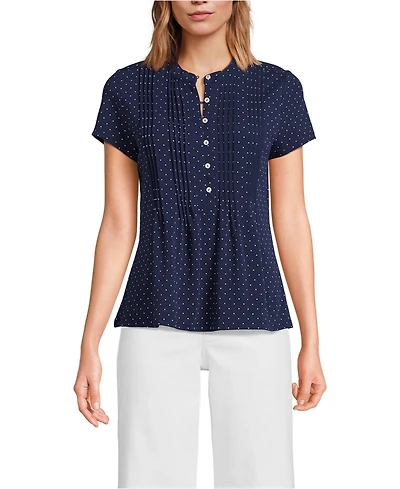Lands' End Women's Tall Lightweight Jersey Button Pintuck Top