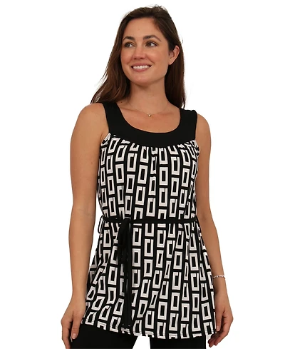 24seven Comfort Apparel Women's Geometric Print Sleeveless Waist-Tie Top
