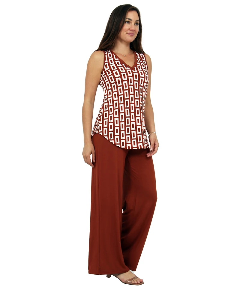24seven Comfort Apparel Women's Abstract Print V-Neck Top and Elastic-Waist Flared Pant Set