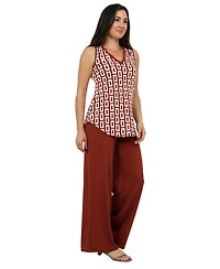 24seven Comfort Apparel Women's Abstract Print V-Neck Top and Elastic-Waist Flared Pant Set