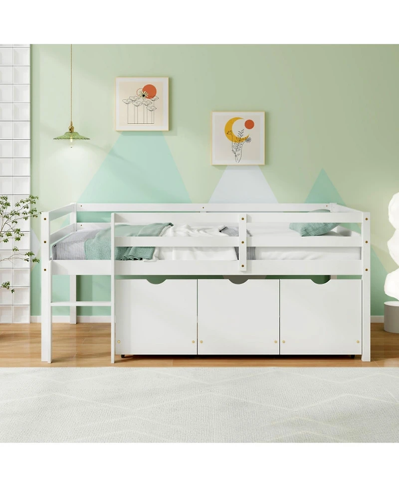 Gouun Twin Low Loft Bed with 3 Storage Drawers, Ladder and Full-Length Guardrails