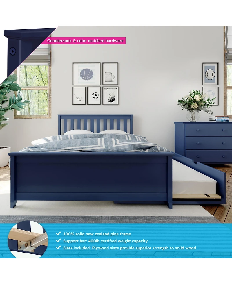 Max and Lily Full Bed Frame with Trundle, Solid Wood Platform Storage