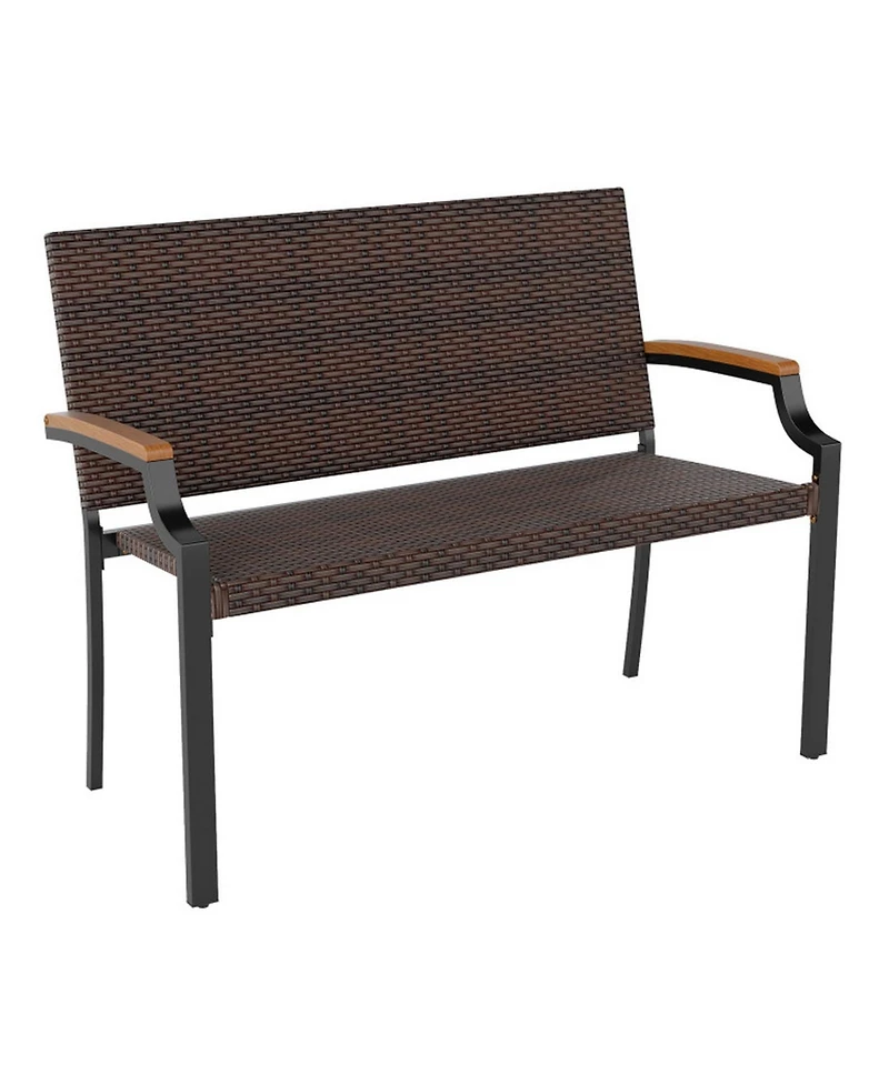 Gouun Stackable Pe Wicker Patio Loveseat with Acacia Wood Armrests