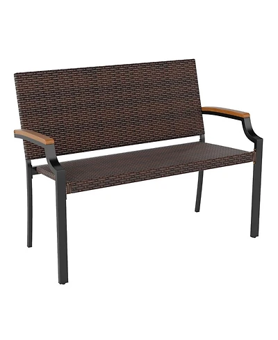 Gouun Stackable Pe Wicker Patio Loveseat with Acacia Wood Armrests