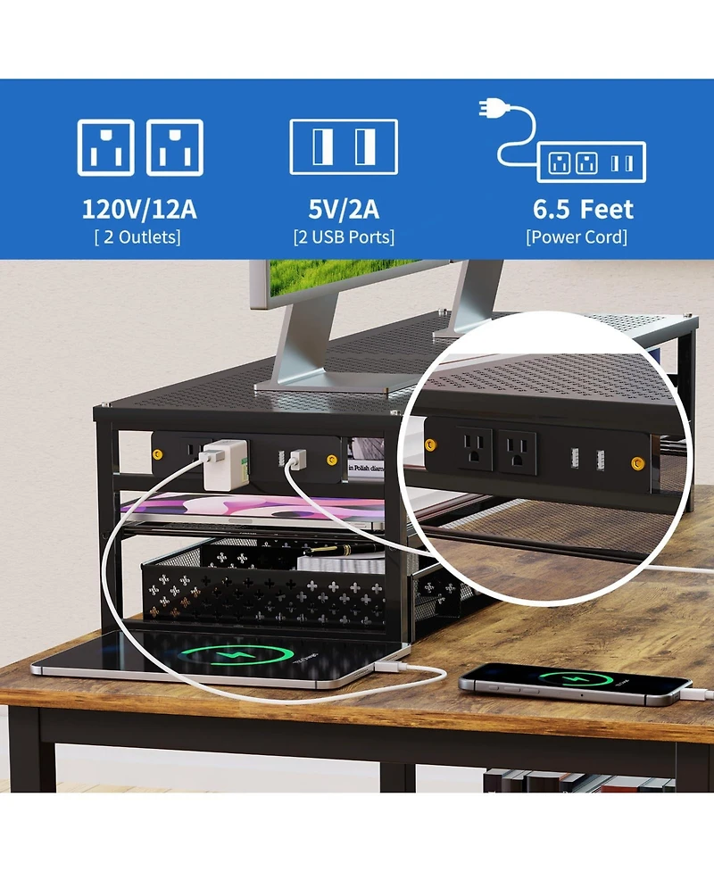 Gnuadz 2-Tier Metal Monitor Stand Riser with Usb 2.0, Dual Drawer Storage