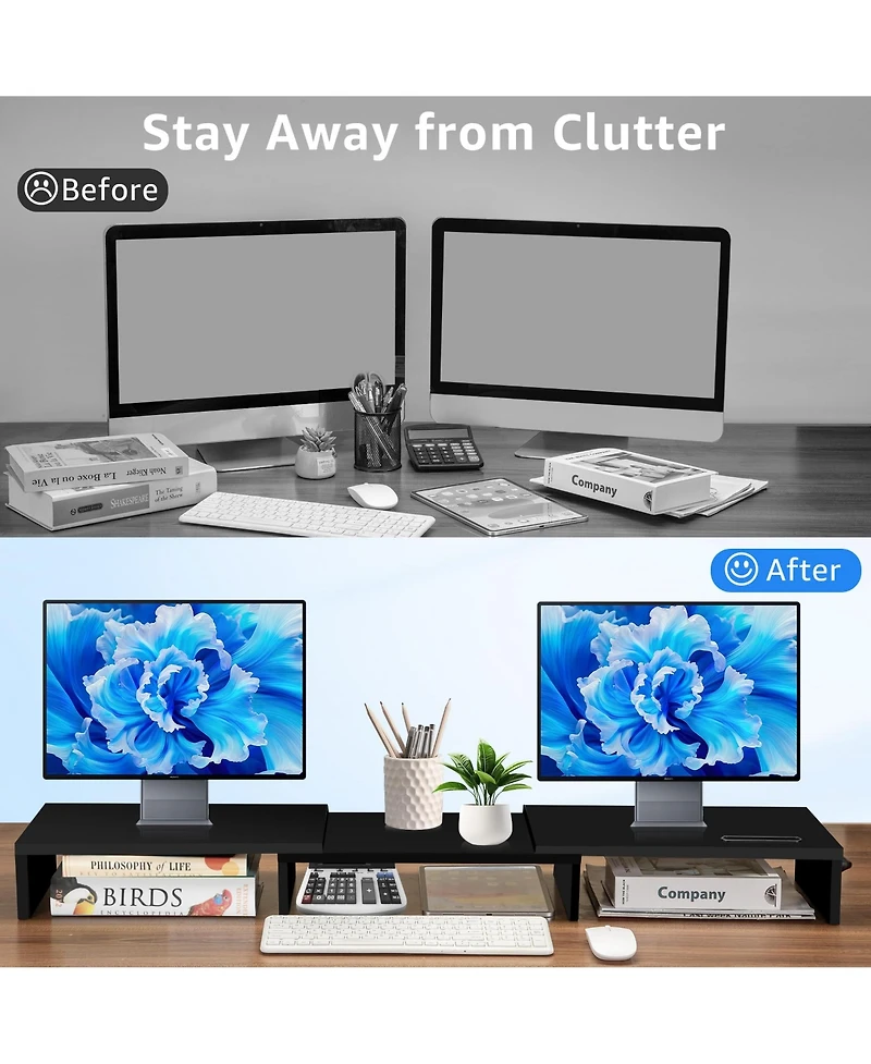 Gnuadz Dual Monitor Stand Riser Adjustable Wooden Organizer