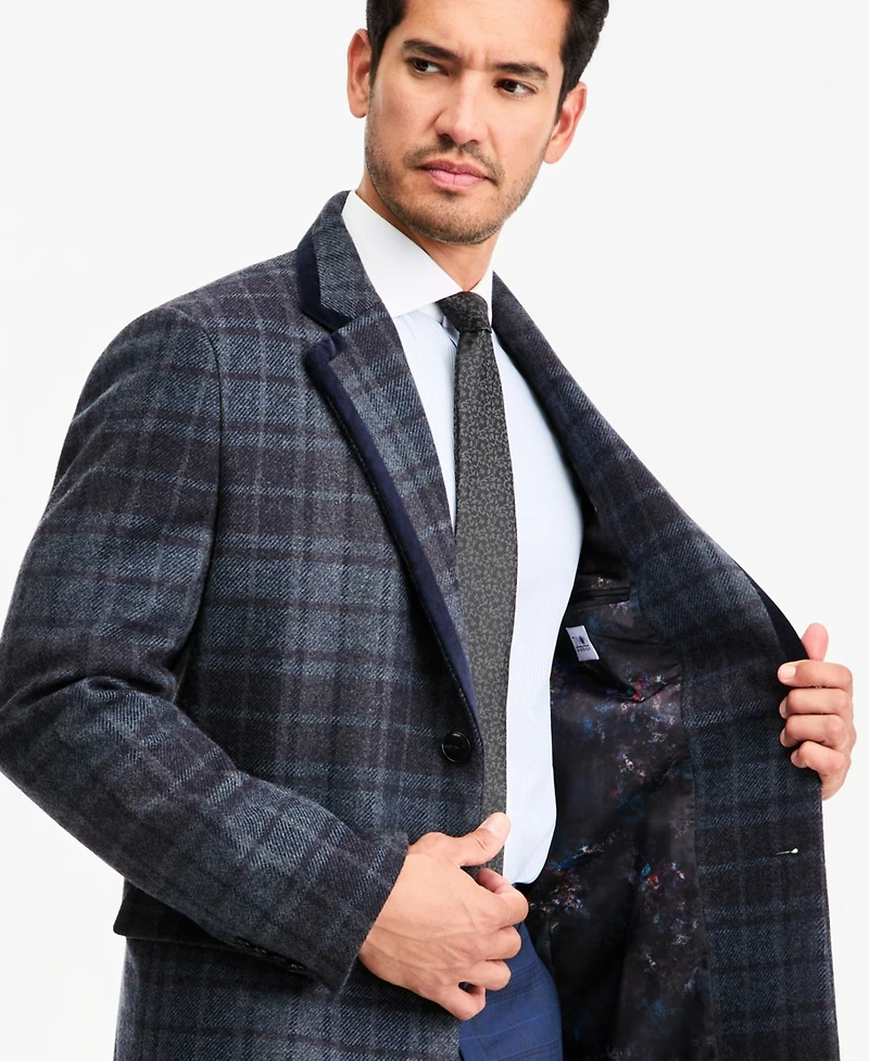 Tayion Collection Men's Classic-Fit Blue Plaid Overcoat