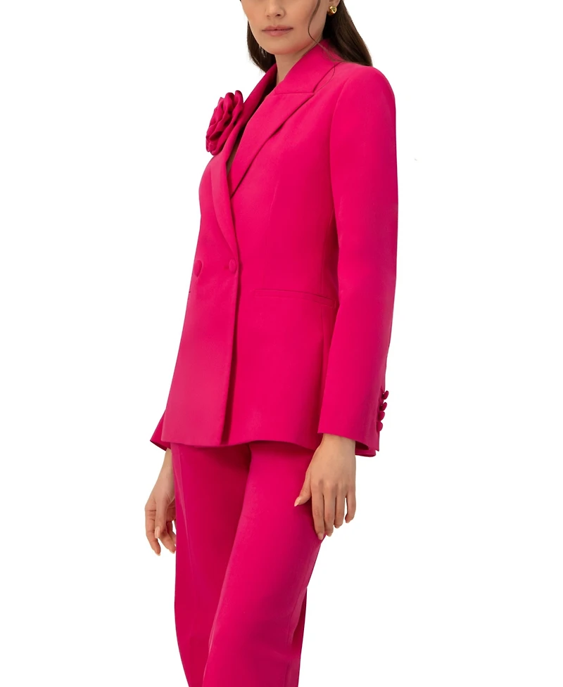 Ivonne Women's Double-Breasted Cotton Blazer with Flower Detail