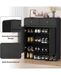 Homfan Shoe Cabinet with 2 Doors and Drawers, 4 Tier Entryway Storage Open Bottom Shelf