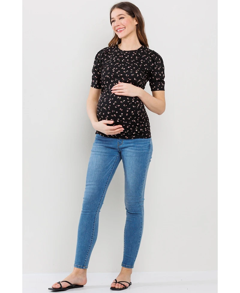 Hello Miz Maternity Floral Ribbed Ruched Puff-Sleeve Fitted Top