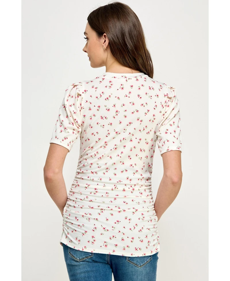 Hello Miz Maternity Floral Ribbed Ruched Puff-Sleeve Fitted Top