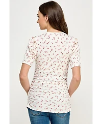 Hello Miz Maternity Floral Ribbed Ruched Puff-Sleeve Fitted Top