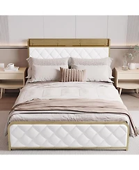 gaomon King Platform Bed Frame with Charging Station, Led Lights, Velvet Storage Headboard, Noise-Free, No Box Spring Needed
