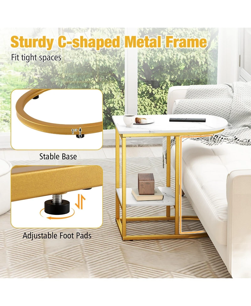 Sugift C Shaped Sofa Side Table with Faux Marble Top