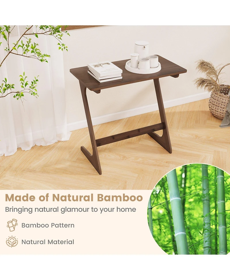 Sugift Bamboo Z Shaped Sofa Side Table with Space Saving Top