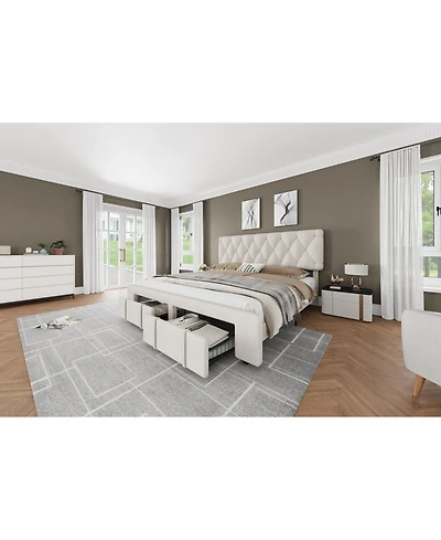 Homfan Modern Upholstered Platform Bed Frame with Storage Drawers, Sturdy Color Wooden Slats