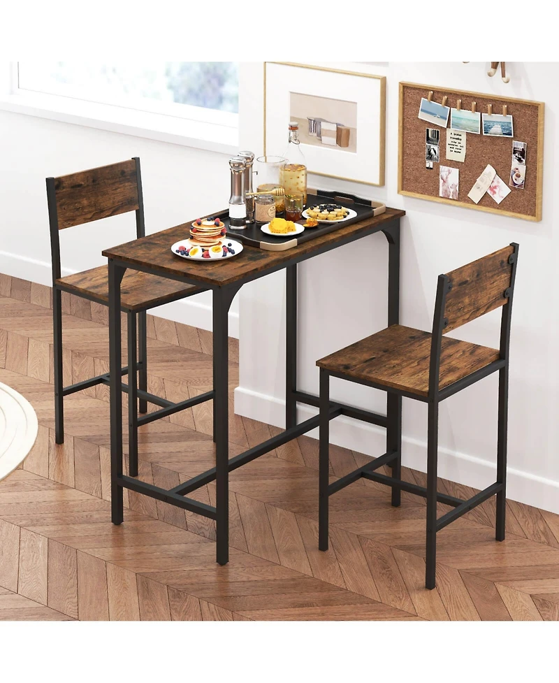 Costway 3 Pcs Bar Table Set Pub Dining and 2 Stools with Backrest Footrest
