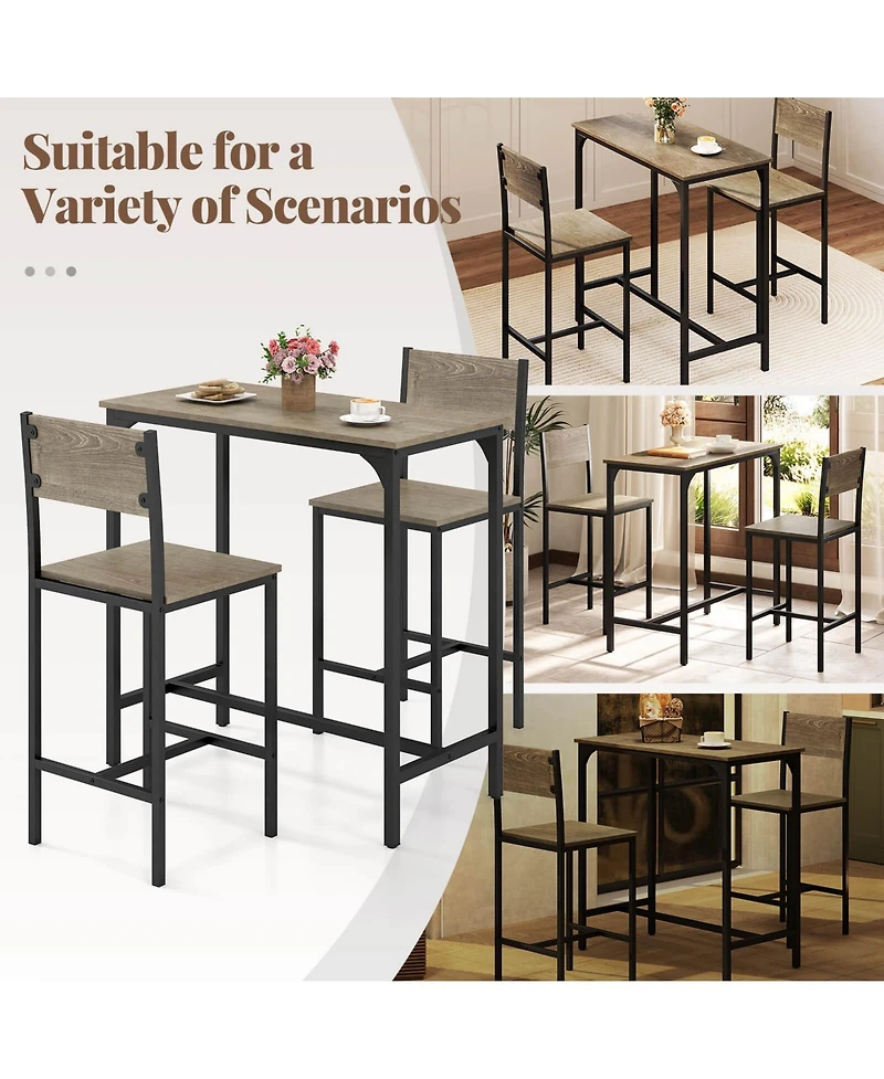 Costway 3 Pcs Bar Table Set Pub Dining Table and 2 Bar Stools with Backrest and Footrest